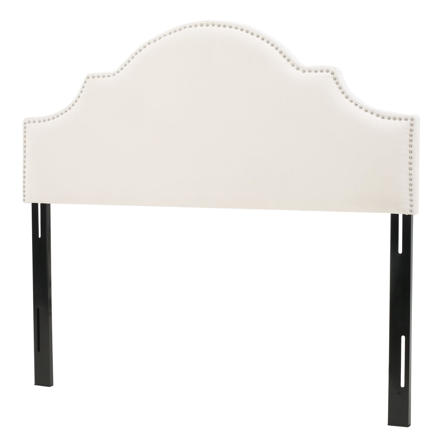Upholstered ivory headboard with silver nailhead trim and black metal legs