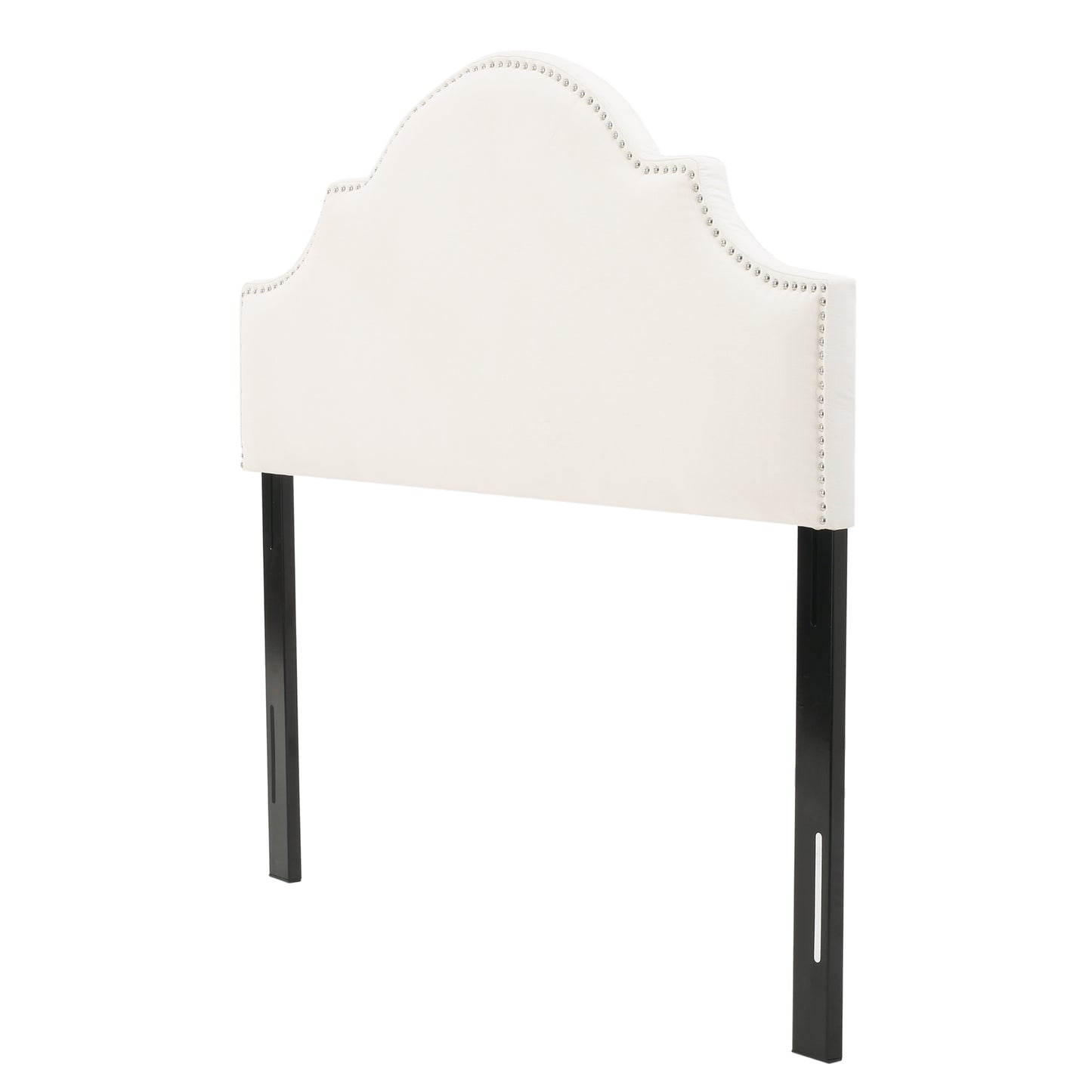 White upholstered headboard with nailhead trim and black legs