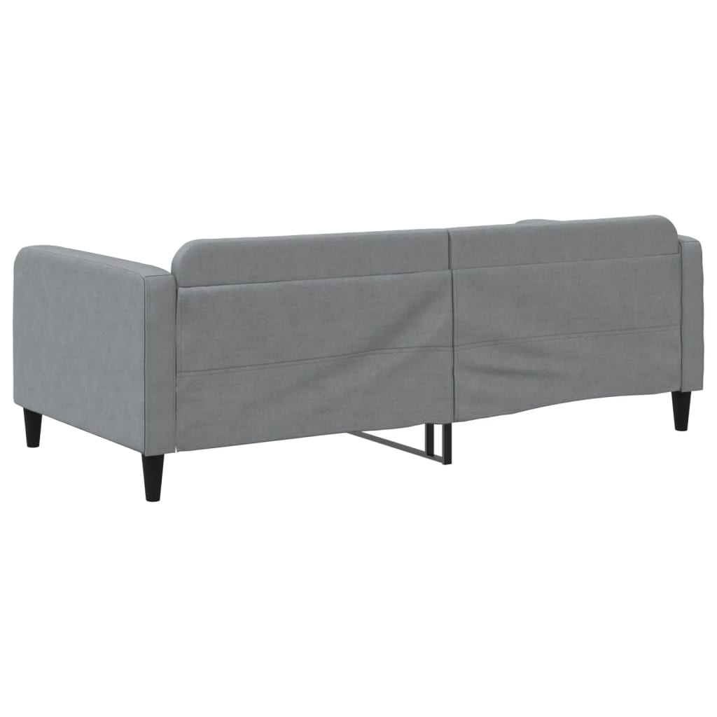 Gray fabric sofa side view with black legs