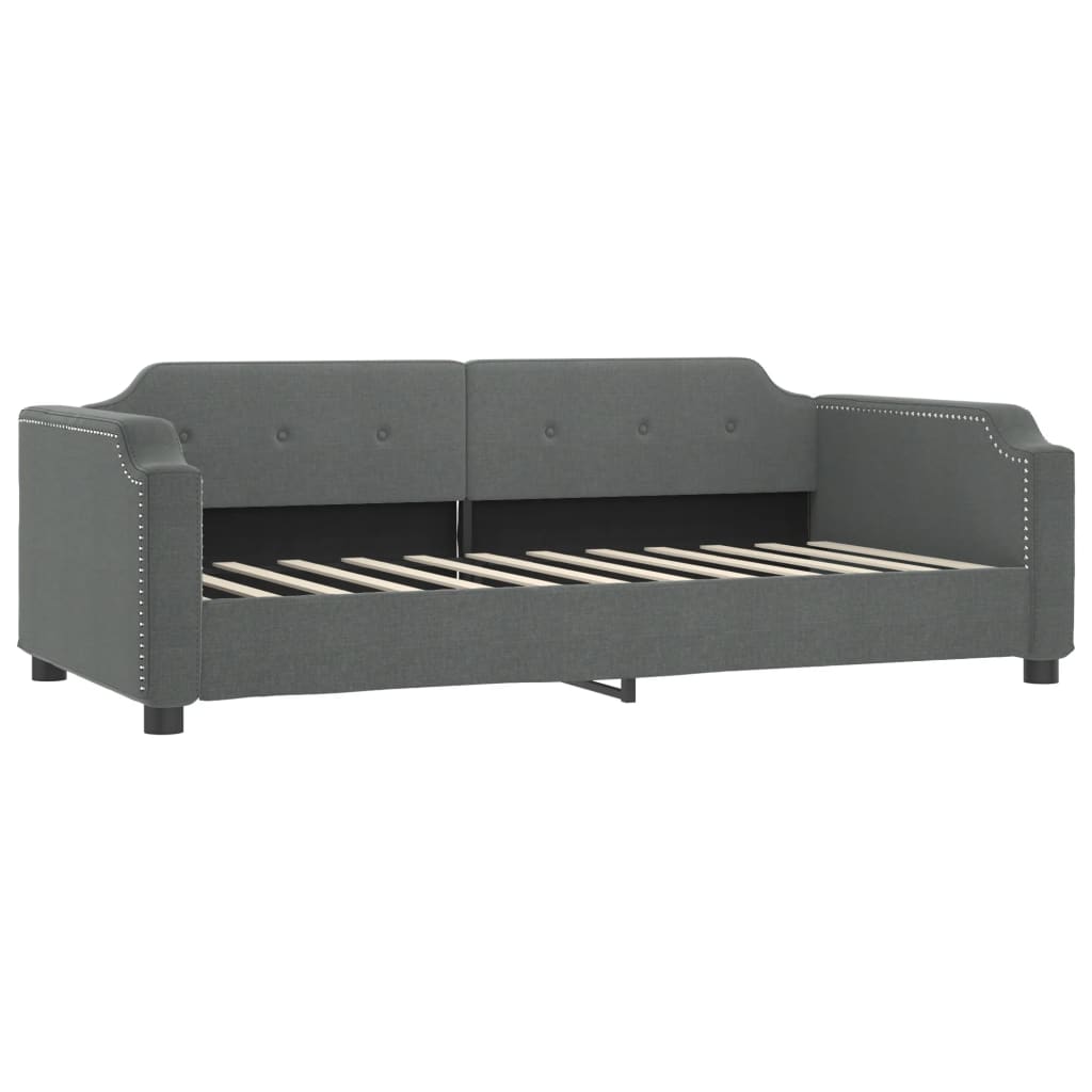 Tufted grey fabric sofa with rolled arms and visible dimensions