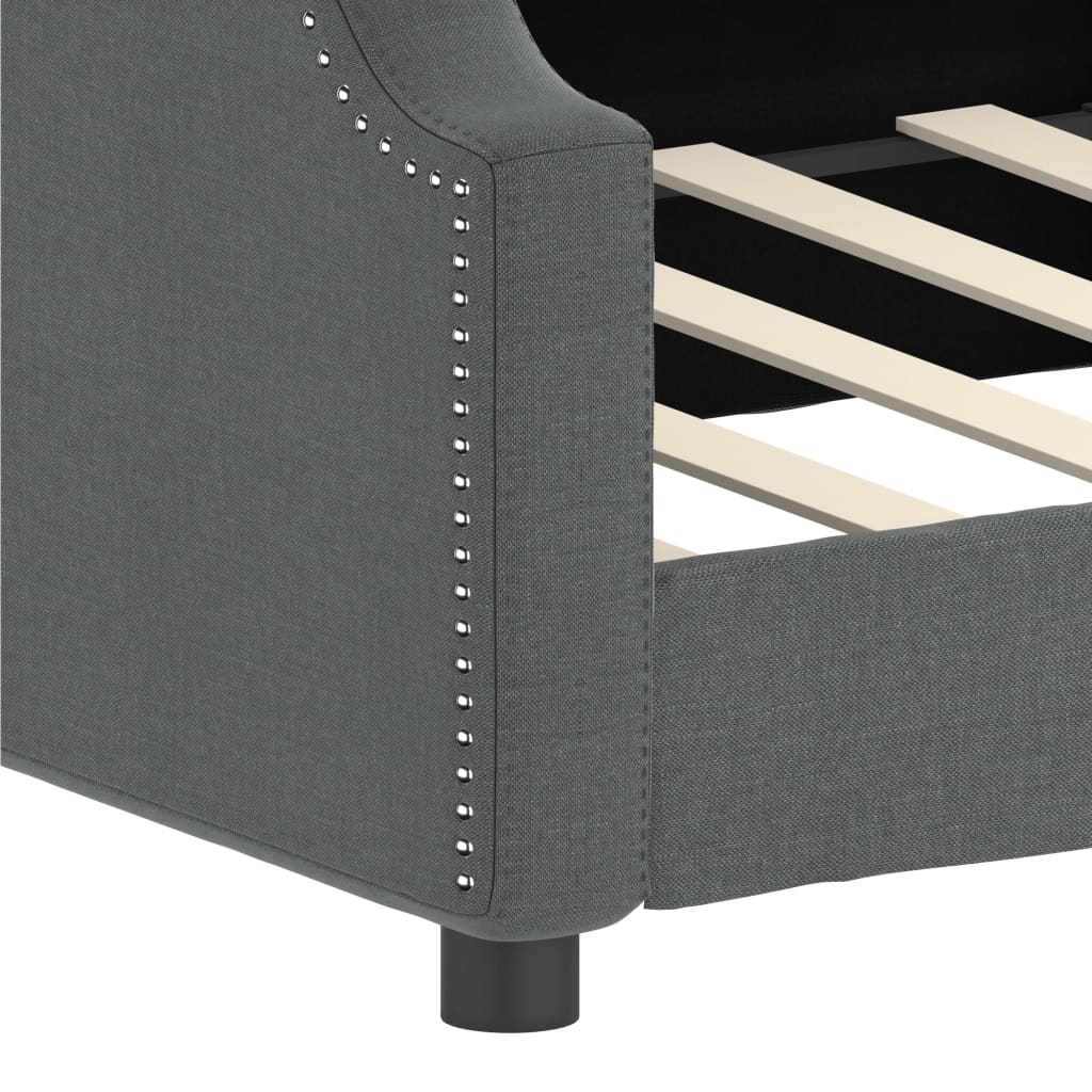 Dark grey fabric sofa viewed from the back