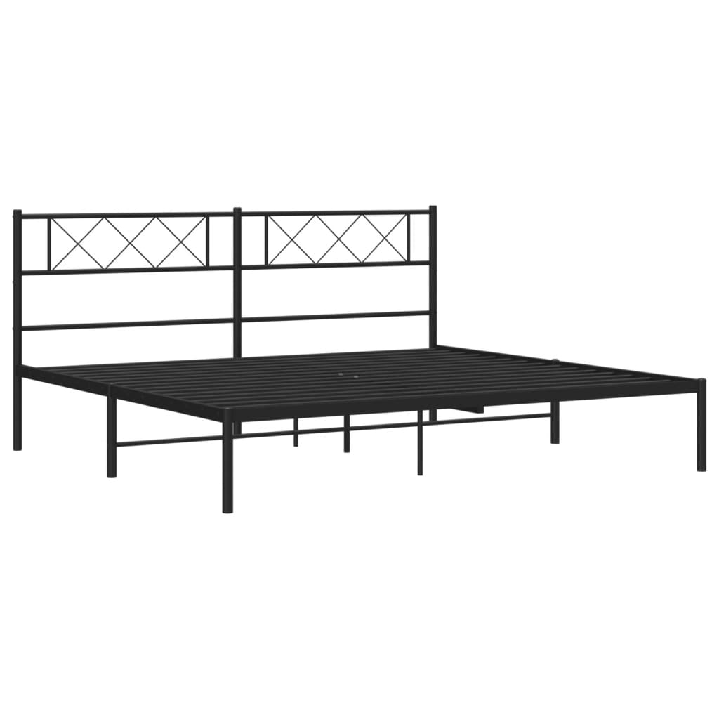 Black metal platform bed frame with a geometric headboard