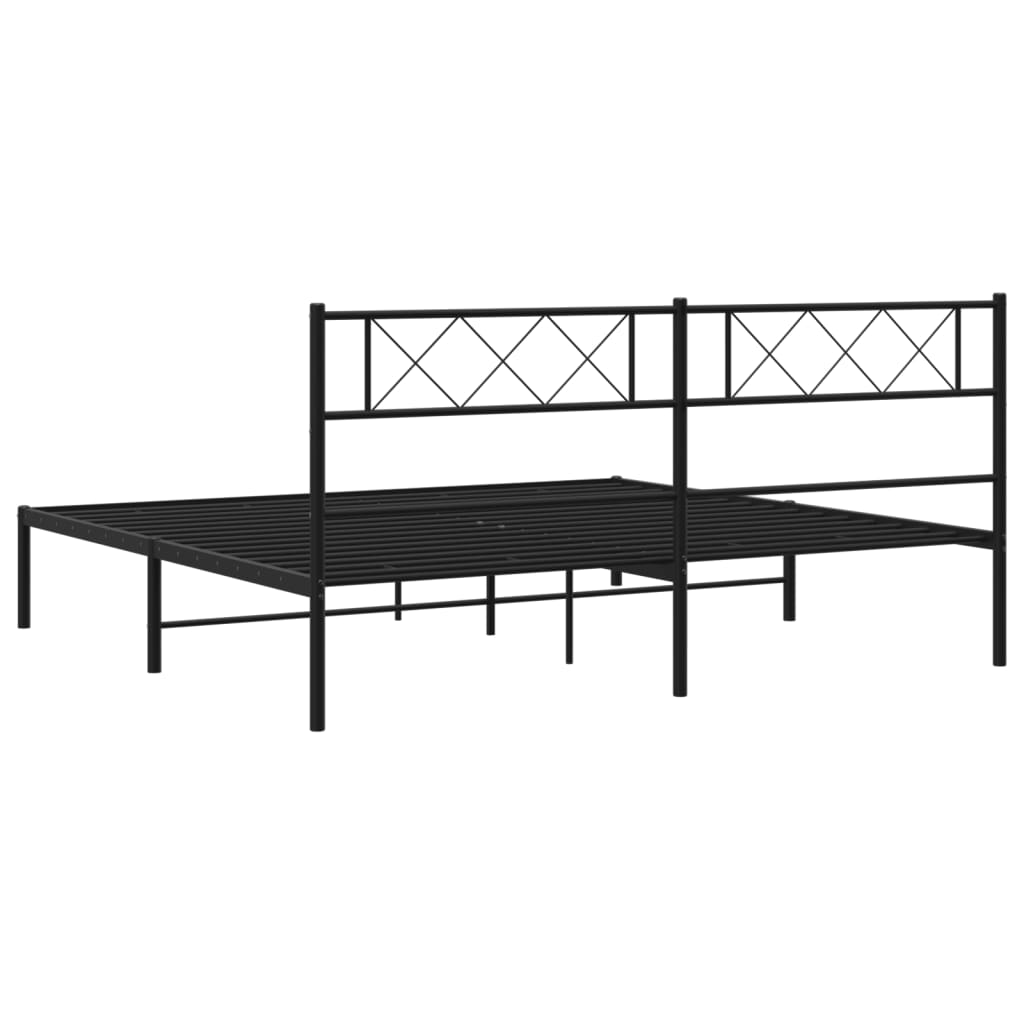 Black metal platform bed frame with diamondpatterned headboard