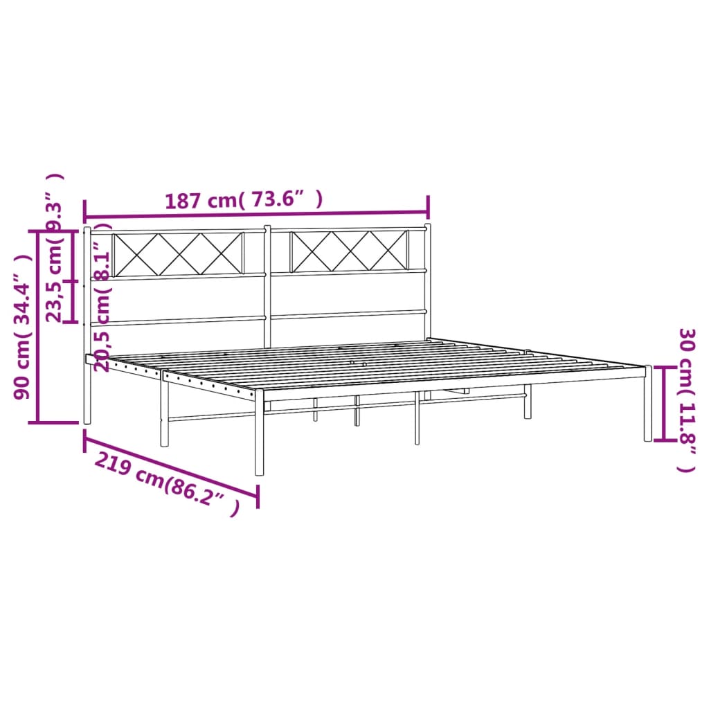 Black metal platform bed frame with diamondpatterned headboard
