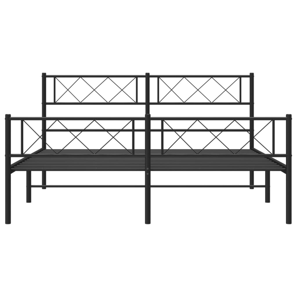 Dark metal queen bed frame with a diamond pattern headboard and footboard featuring a gray and white patterned duvet