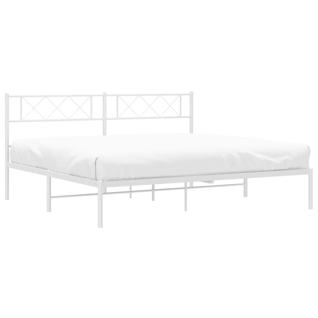 White metal bed frame with a geometric headboard and white mattress