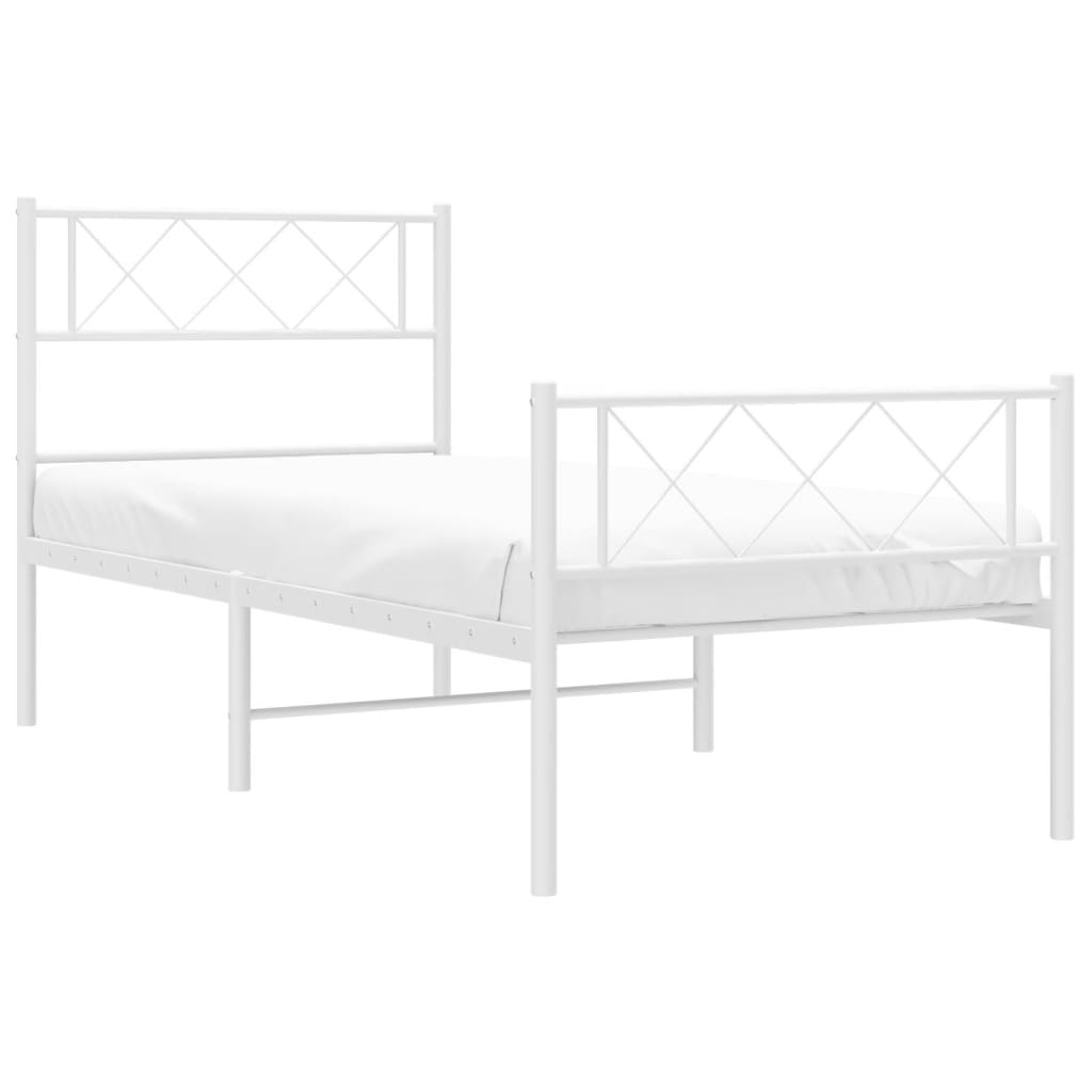 White metal twin bed frame with diamond pattern headboard and footboard
