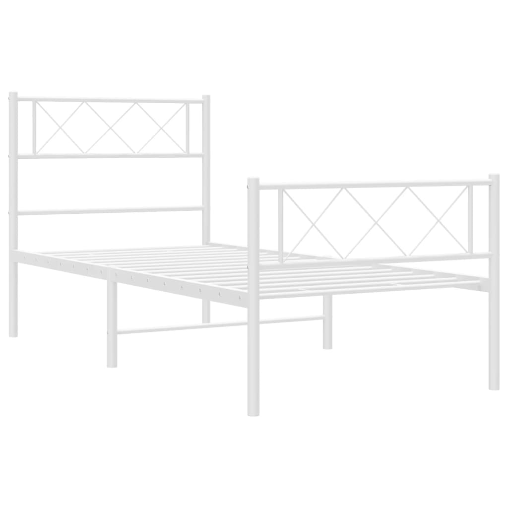 White metal twin bed frame with diamond pattern headboard and footboard