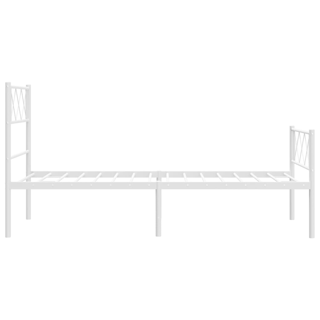 White metal bed frame with crisscross headboard detail