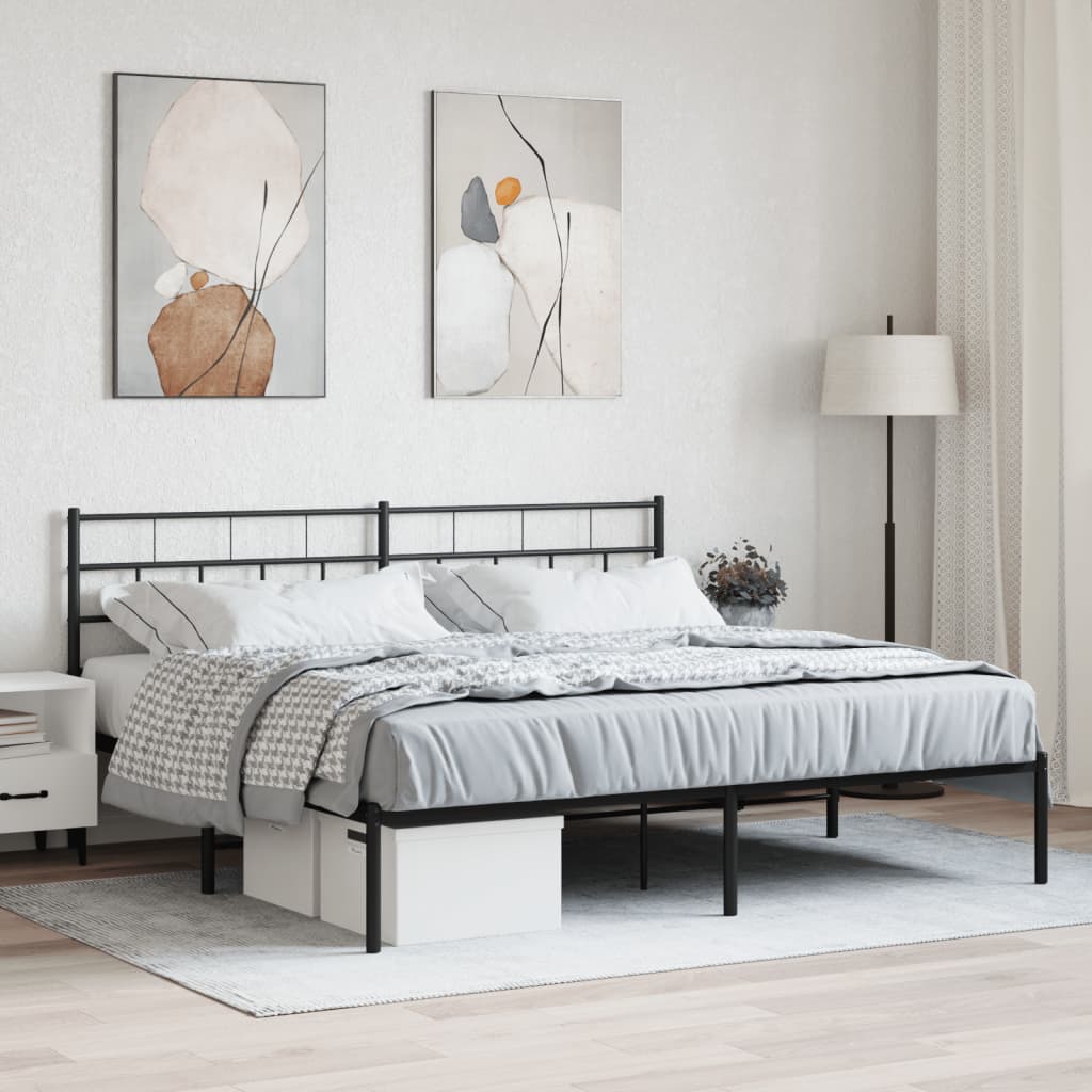 Modern black metal bed frame with a minimalist headboard and platform design