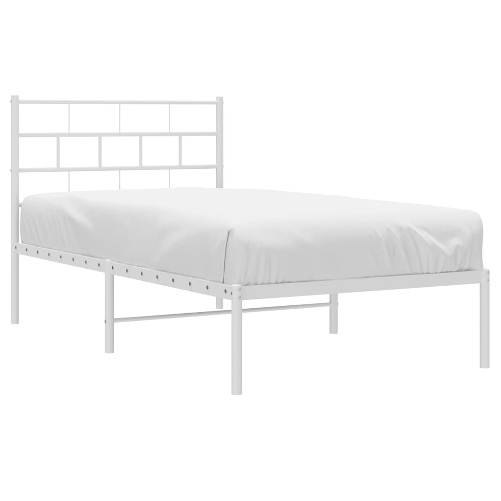 White metal twin bed frame with a minimalist grid headboard