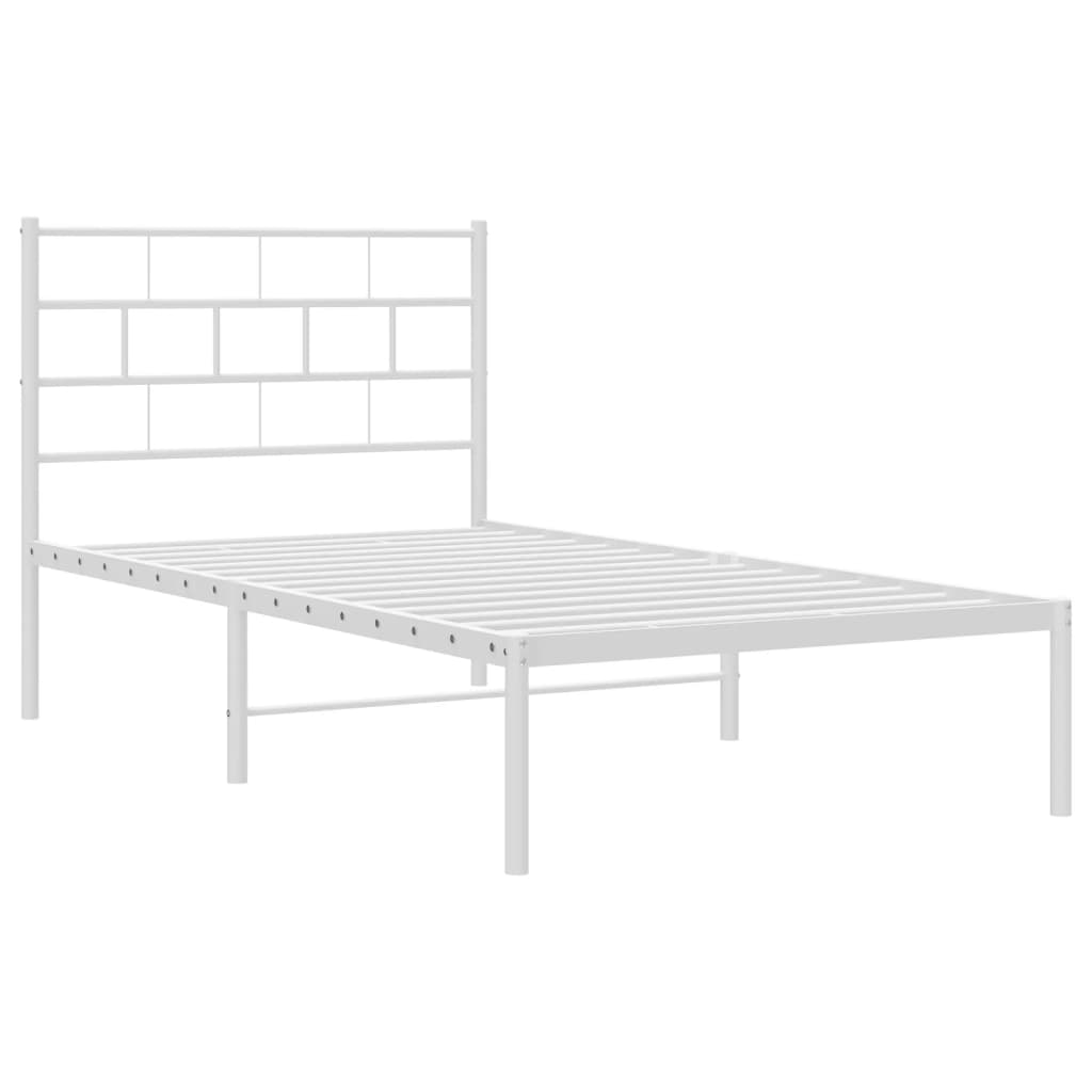 Modern white metal twin bed frame with a simple rectangular headboard and mattress support