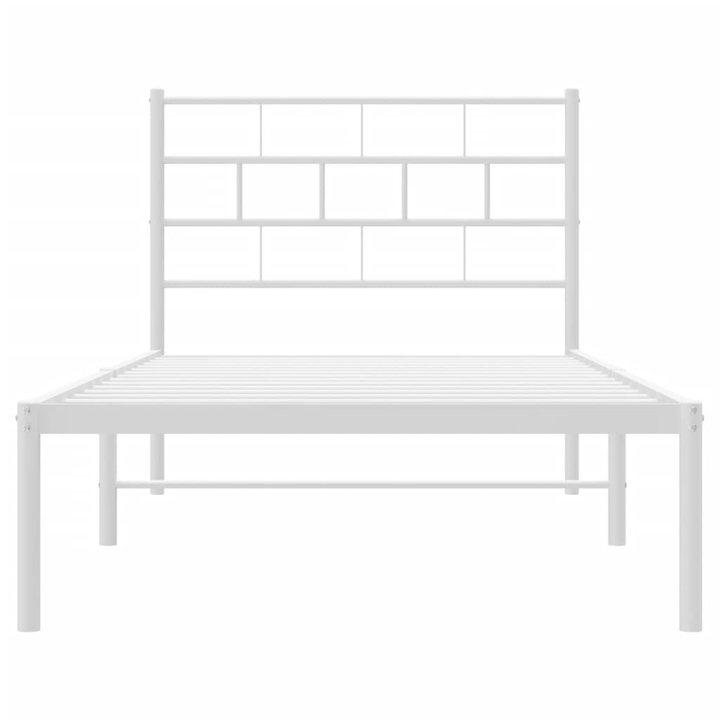 Modern white metal bed frame with a minimalist slatted headboard