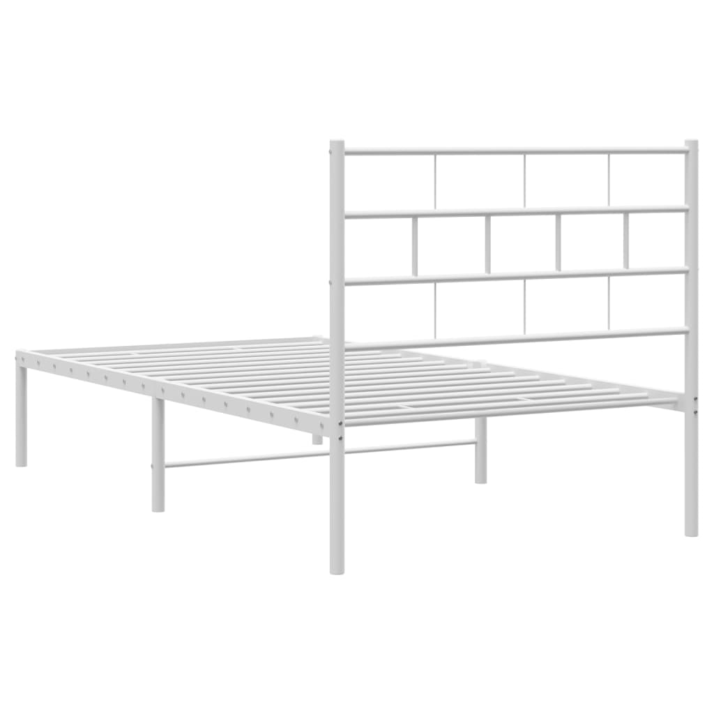 White metal twin bed frame with a geometric headboard