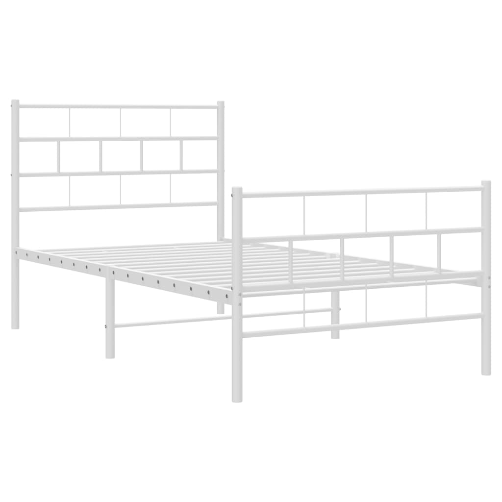 Modern white metal bed frame with a simple geometric headboard