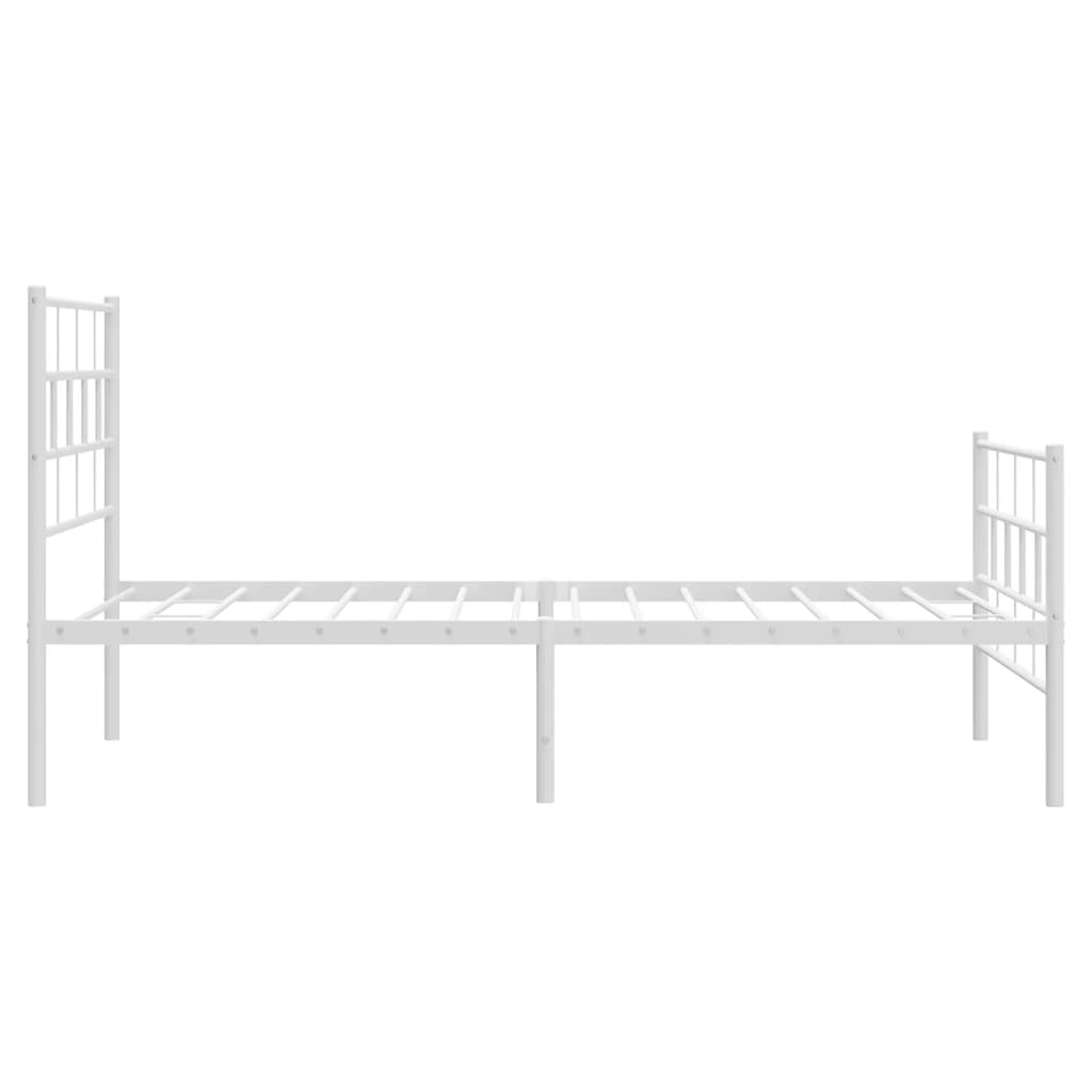 White metal bed frame with a simple geometric headboard and footboard
