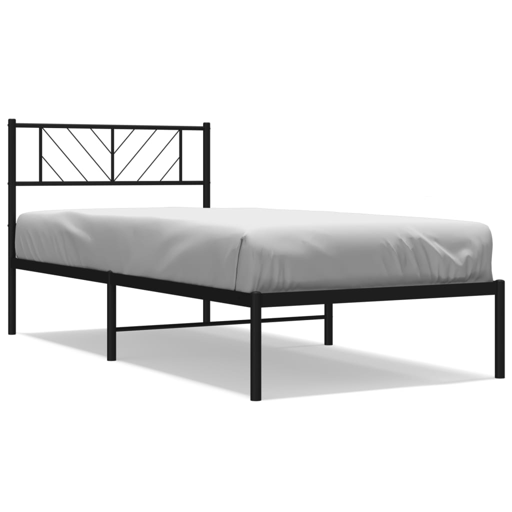 Line drawing of a twin bed frame with angled headboard and included dimensions
