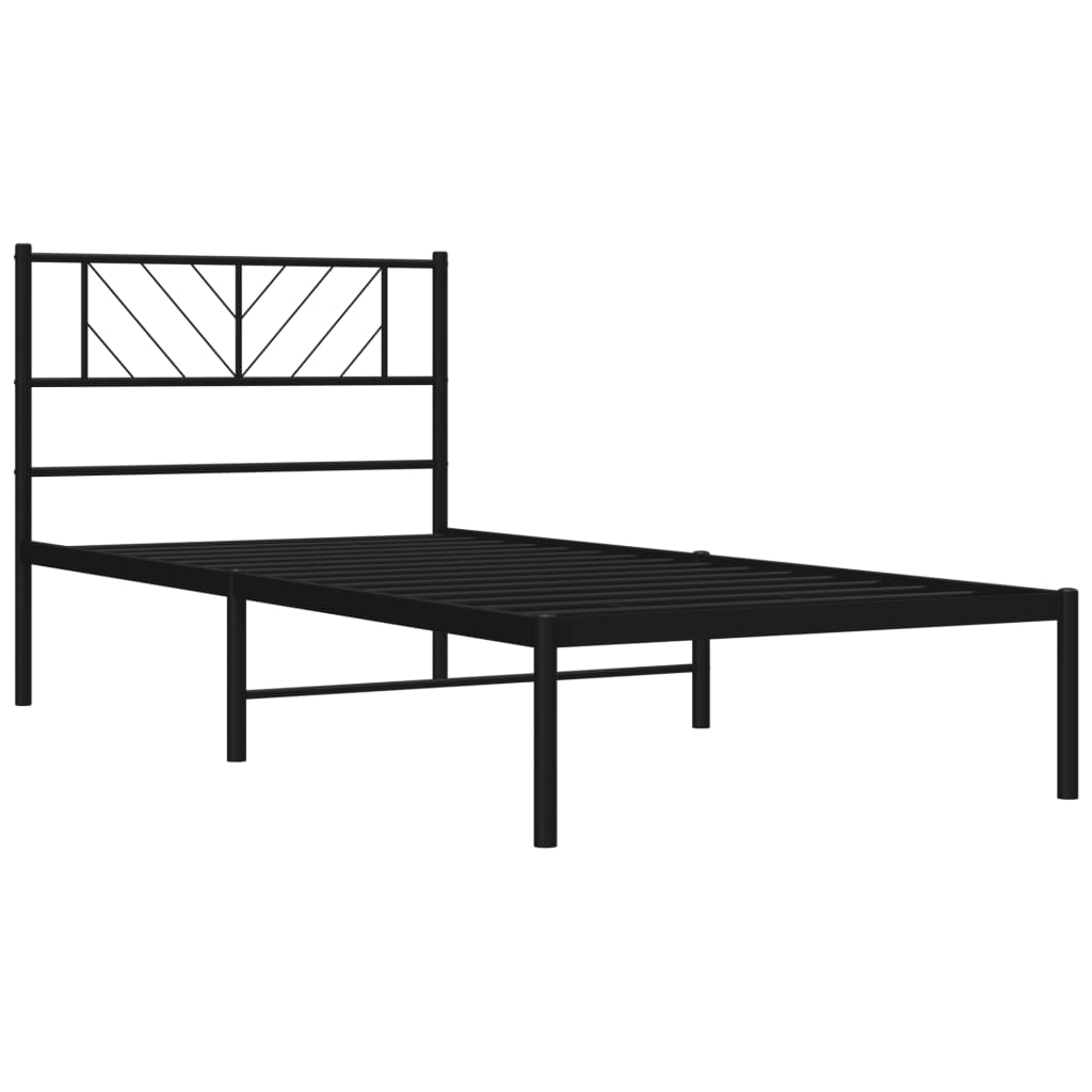 Black metal twin bed frame with minimalist headboard and underbed storage drawers