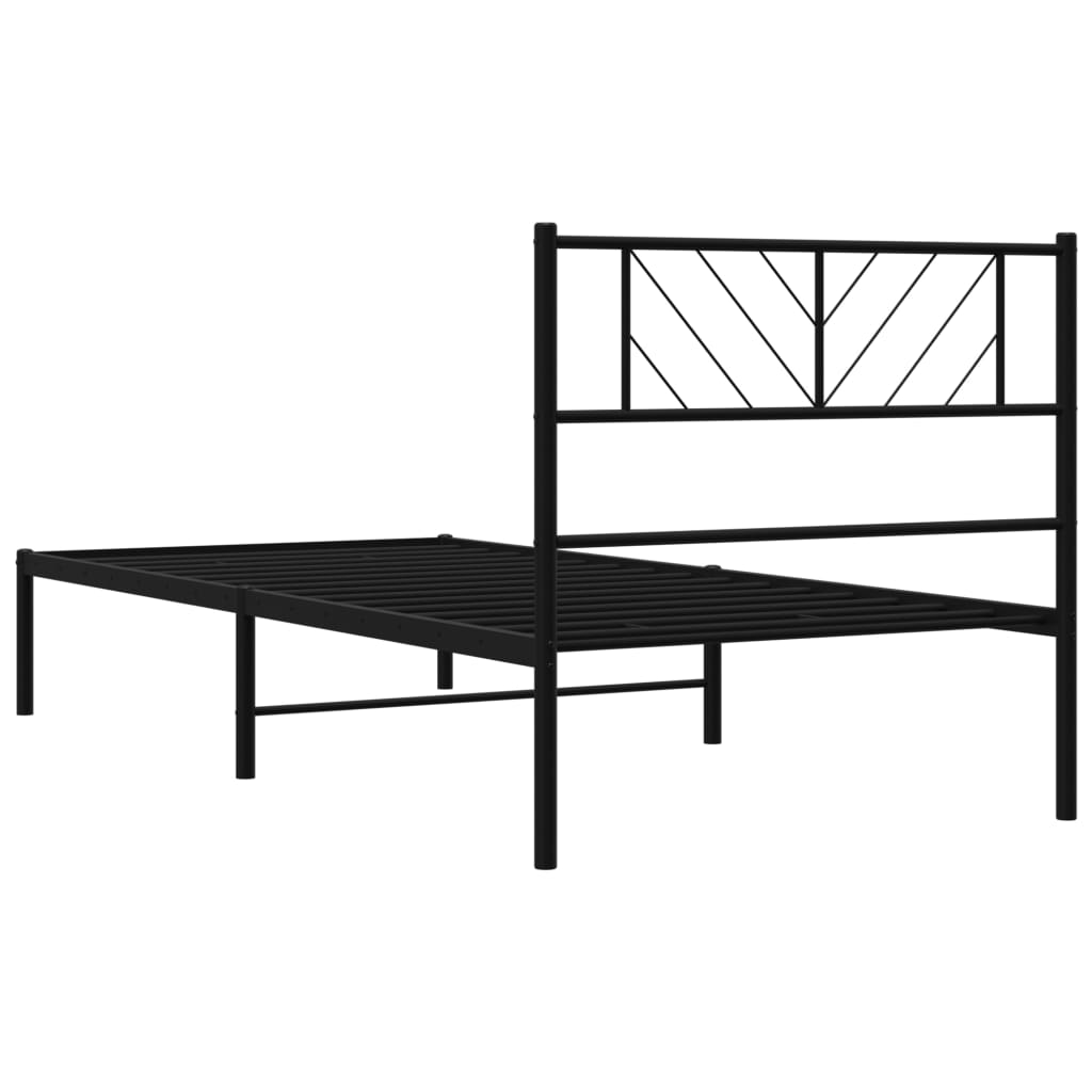 Black metal platform bed frame with geometric headboard design