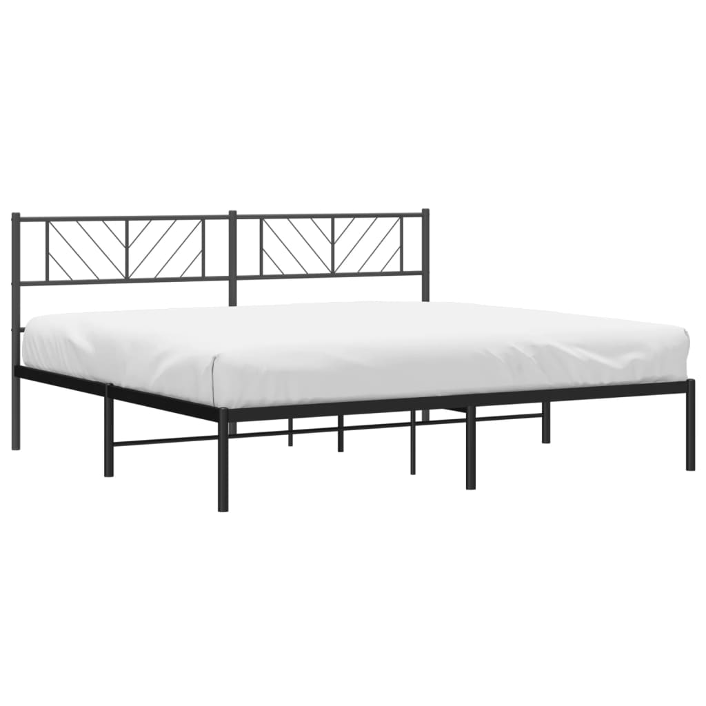 Modern black metal bed frame with chevron patterned headboard and white mattress