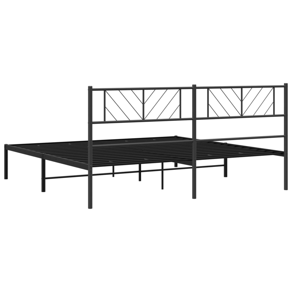 Black metal platform bed frame with chevron headboard design