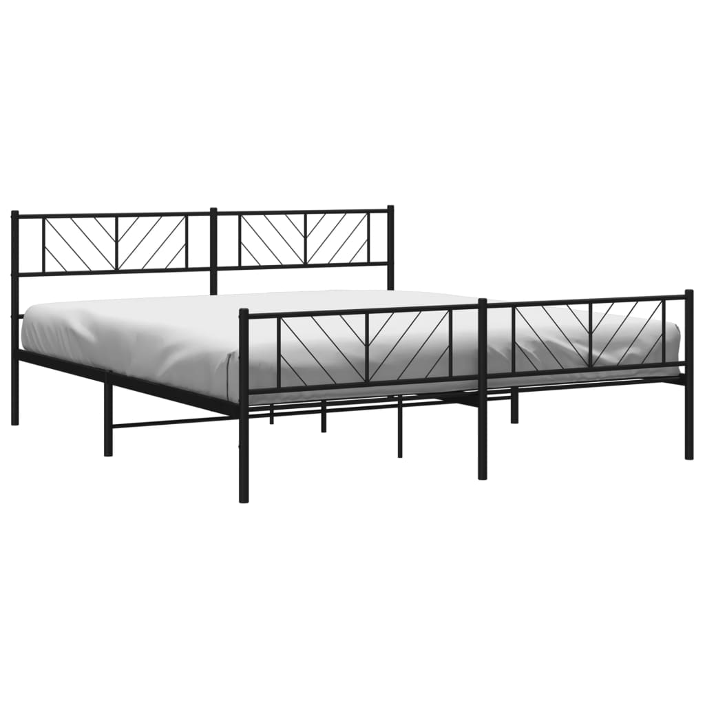 Black metal bed frame with a modern geometric headboard and footboard
