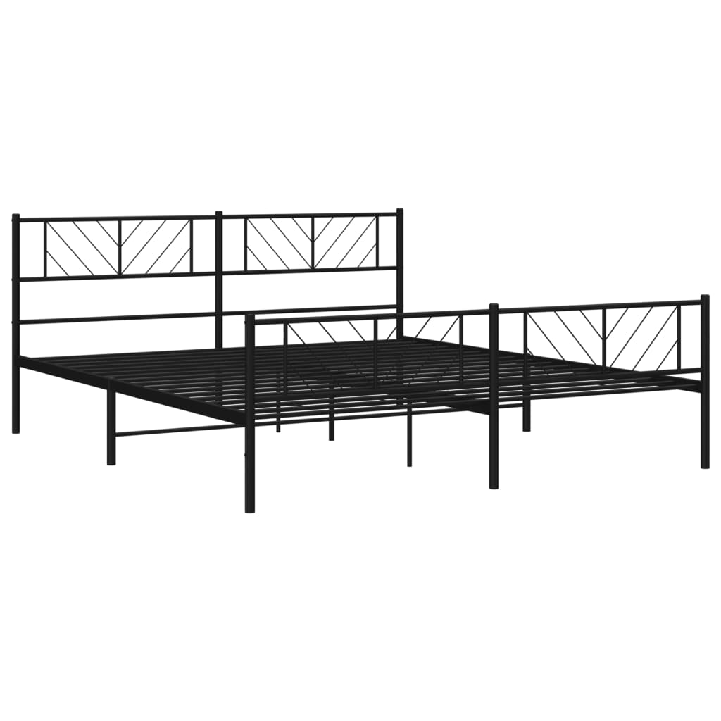 Black metal bed frame with a geometric headboard and patterned bedding