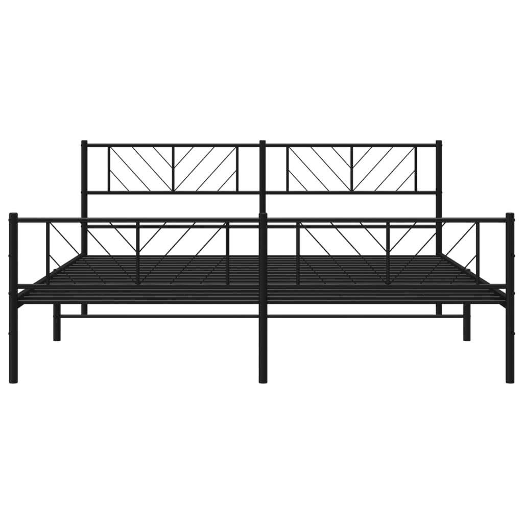 Modern black metal bed frame with a geometric headboard and footboard