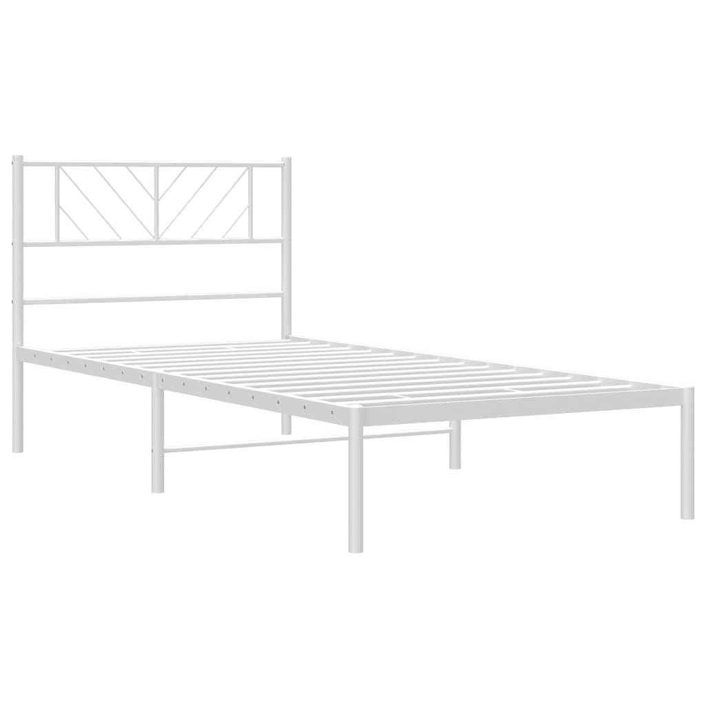 White metal twin bed frame with geometric headboard and mattress