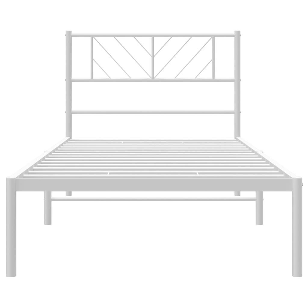 White metal single bed frame with geometric headboard and mattress