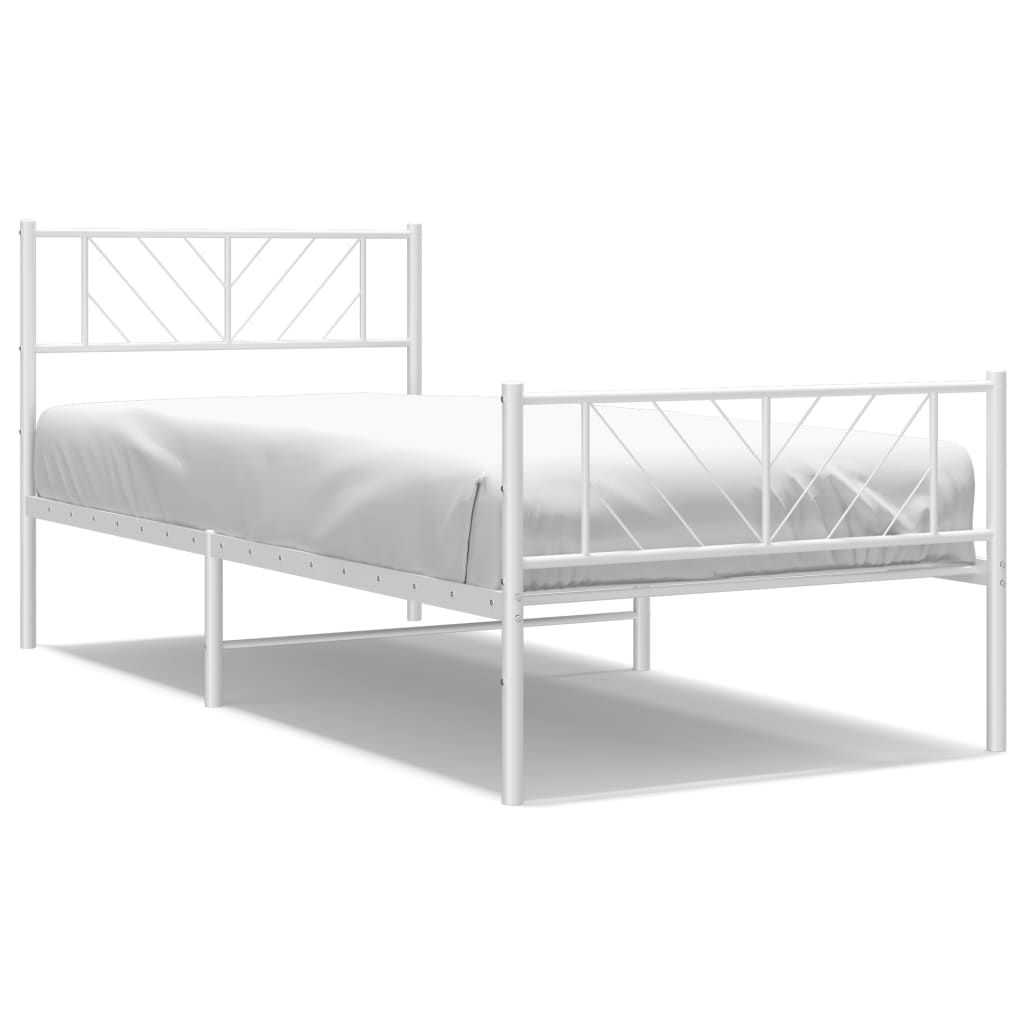 Line drawing of a white metal twin bed frame with geometric headboard design and dimensions labeled