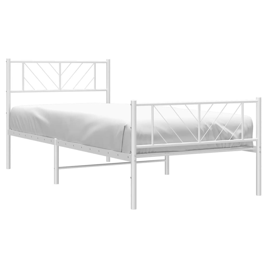 White metal twin bed frame with diamond pattern headboard and footboard