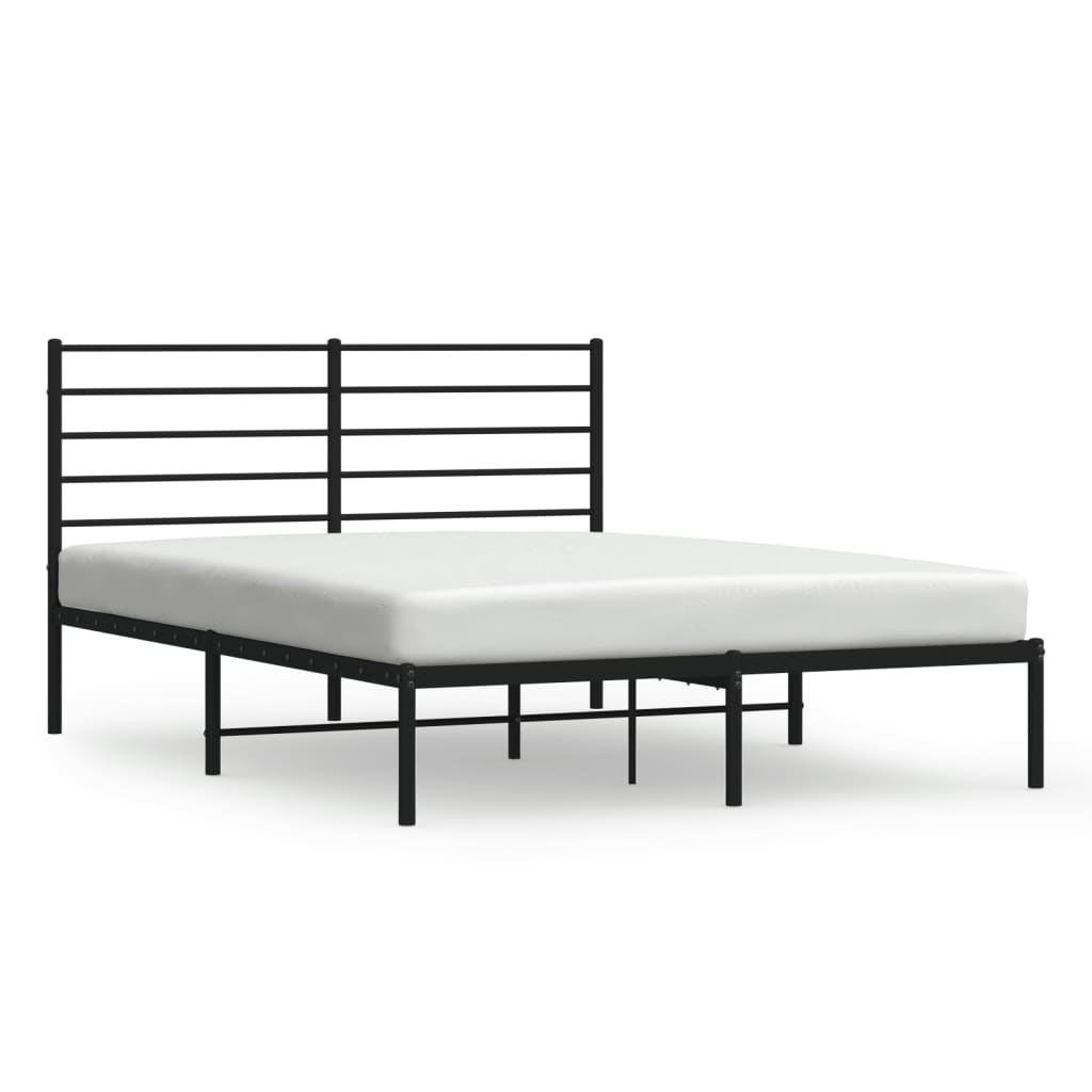 Line drawing of a metal bed frame with horizontal slats and a tall headboard showcasing dimensions
