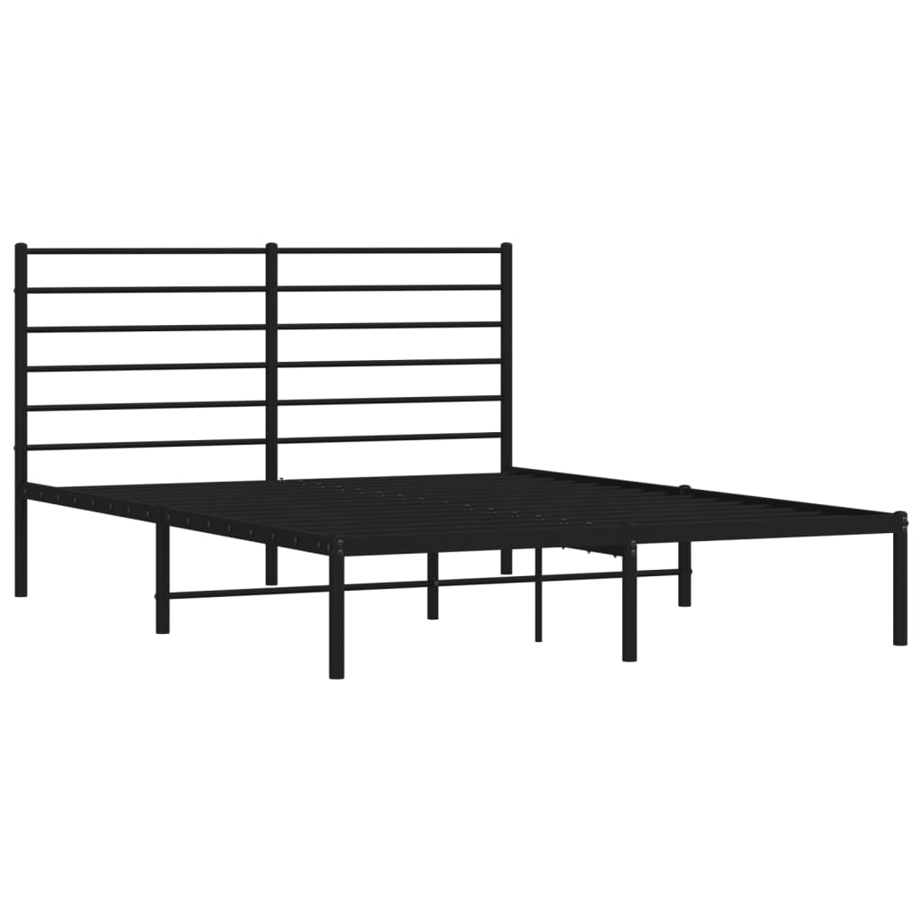 Black metal bed frame with horizontal slats on the headboard and a white mattress
