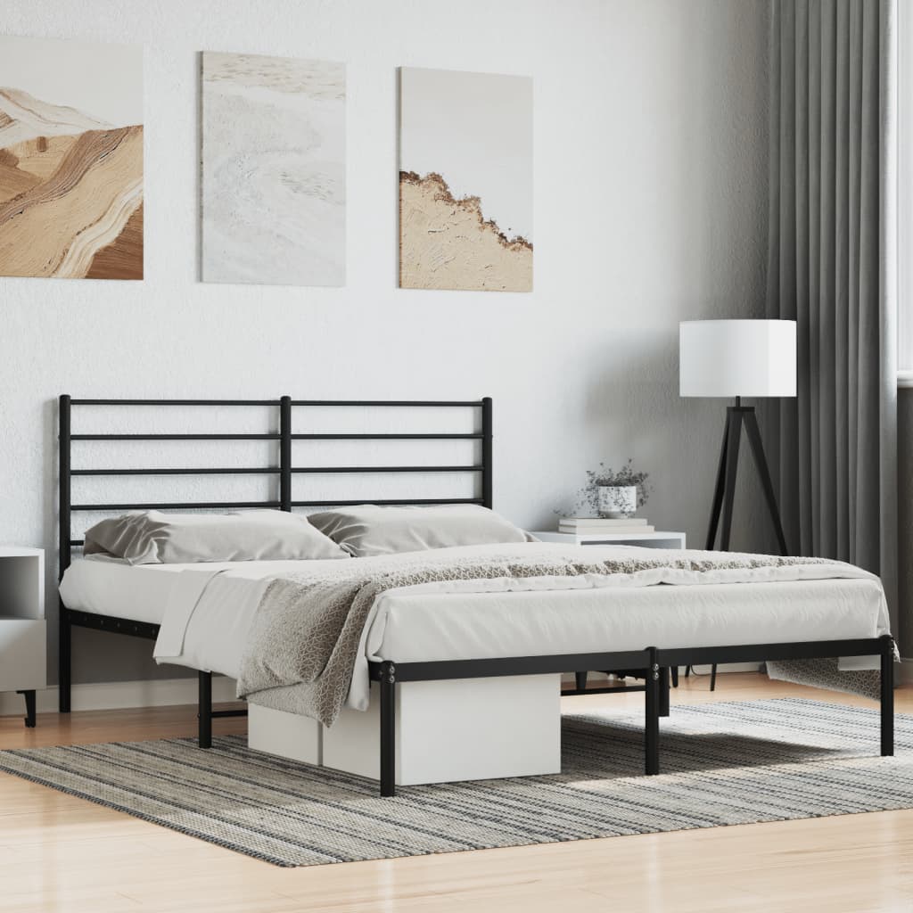 Minimalist metal platform bed frame with a dark gray finish