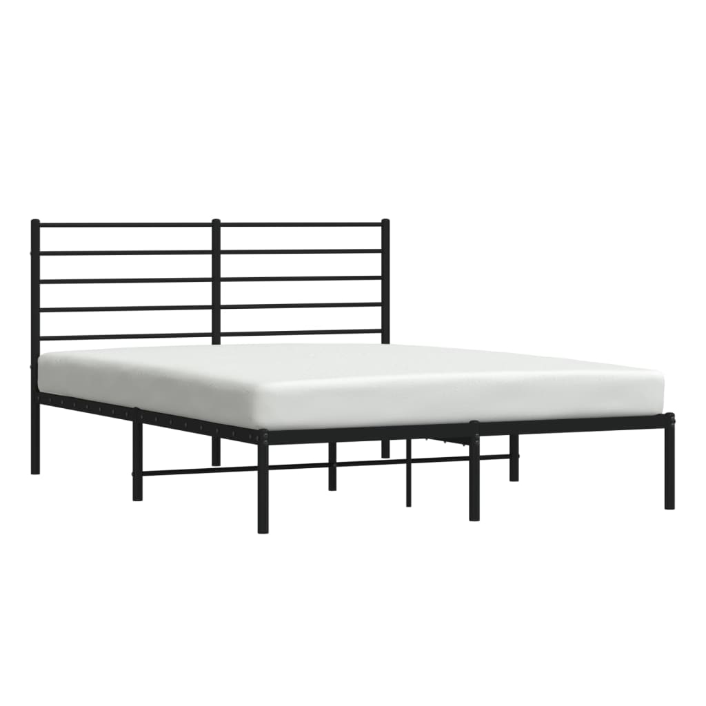 Modern black metal platform bed frame with slatted headboard
