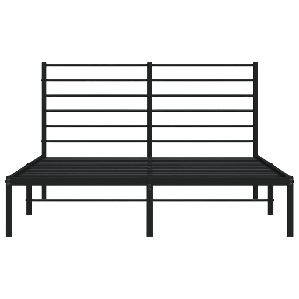 Black metal platform bed frame with horizontal slats on the headboard