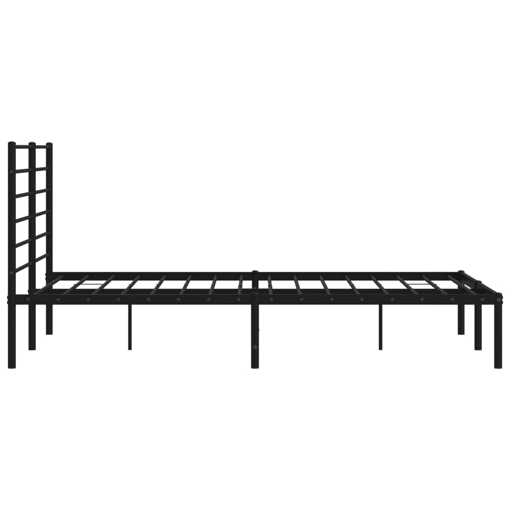 Black metal platform bed frame with horizontal slats and a slatted headboard