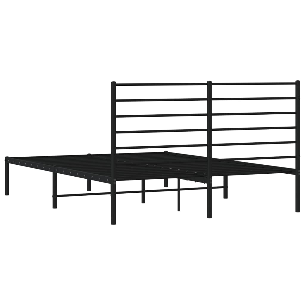 Black metal bed frame with a slatted design and a tall gridpatterned headboard