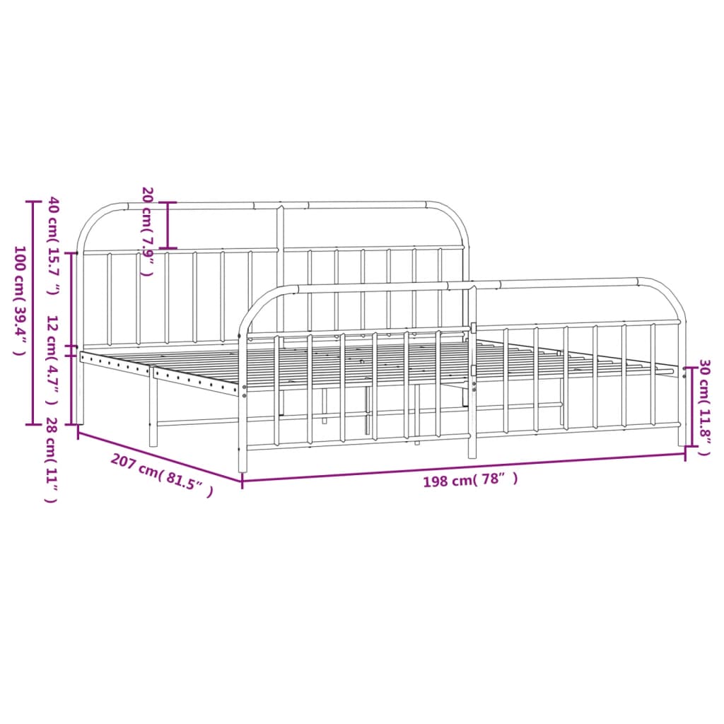 Black metal bed frame with curved headboard and vertical slats