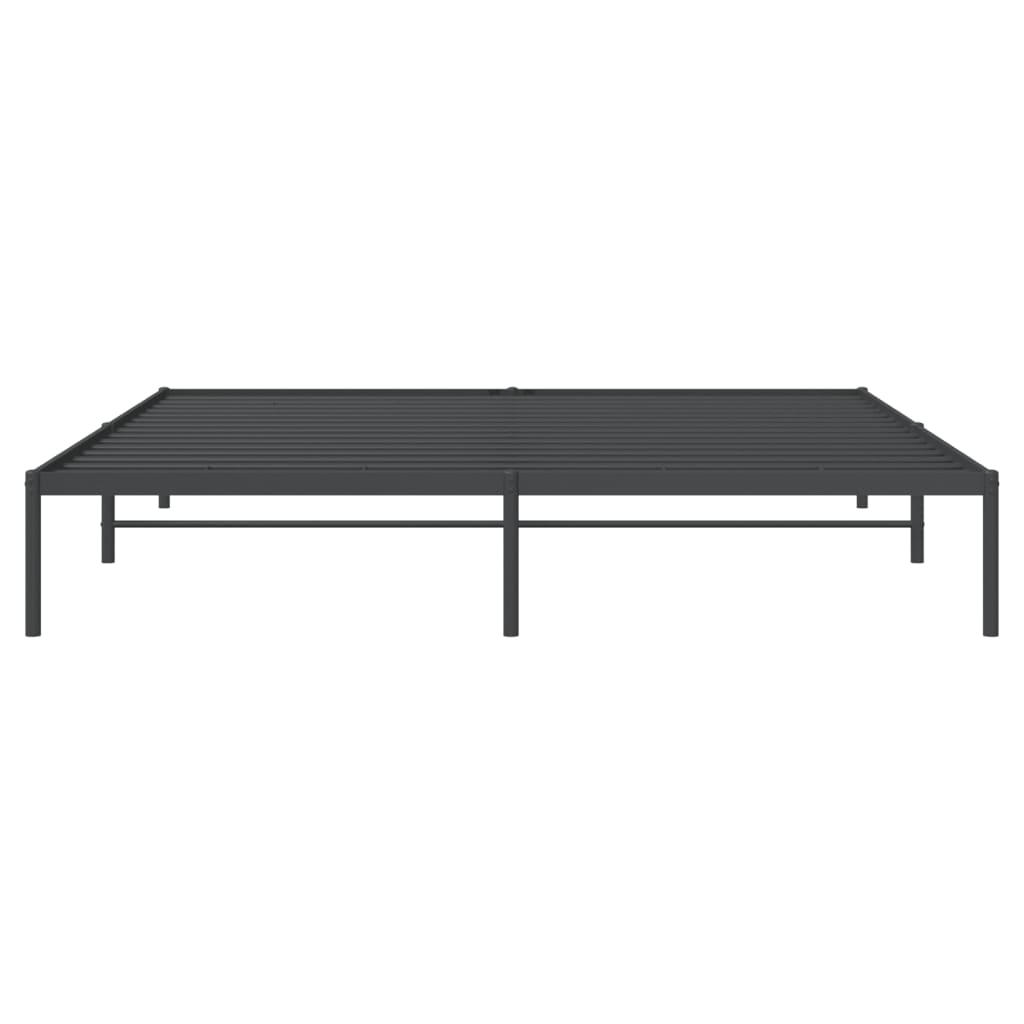 Modern platform bed frame with charcoal grey metal construction and upholstered headboard