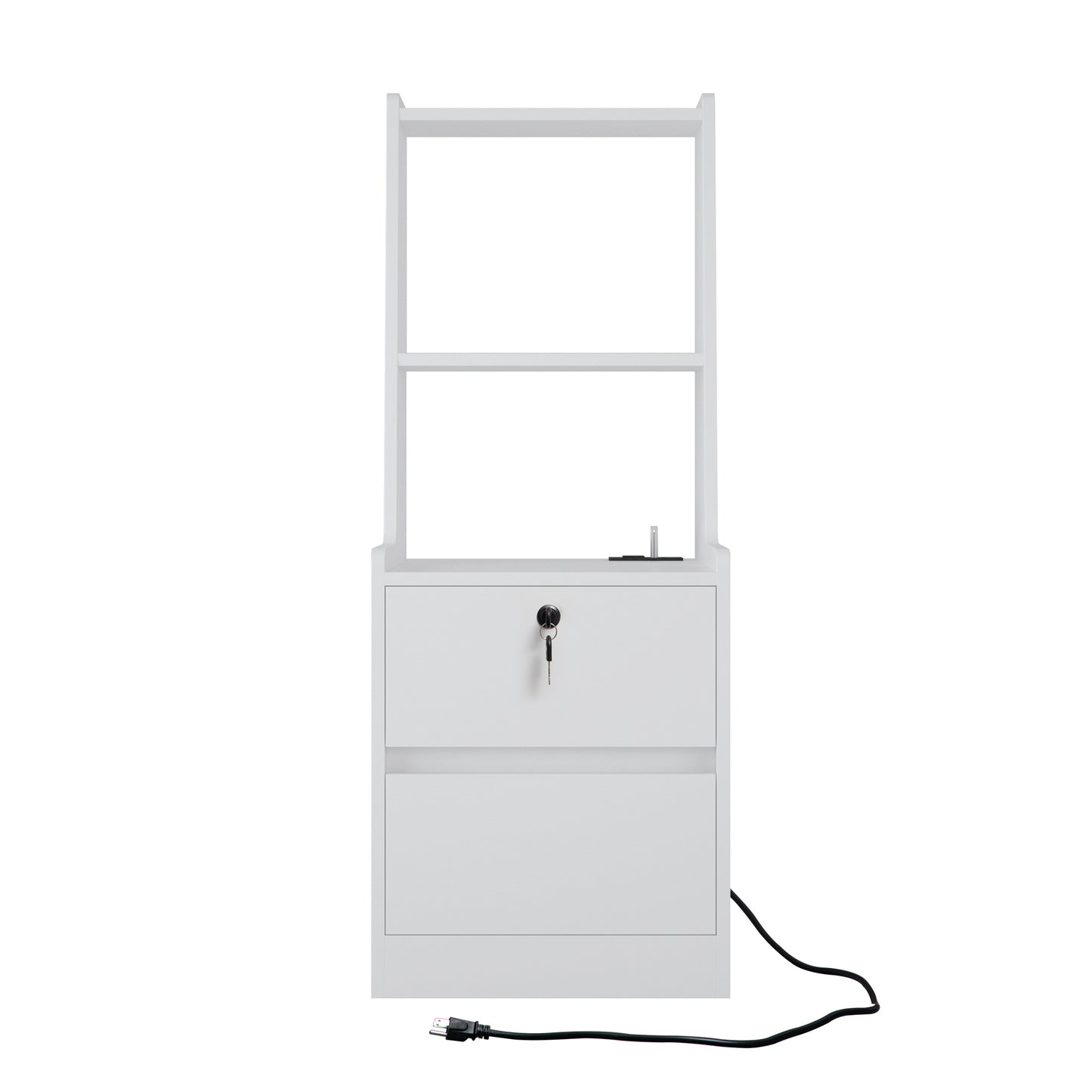 White metal filing cabinet with two drawers shelf unit and power cord