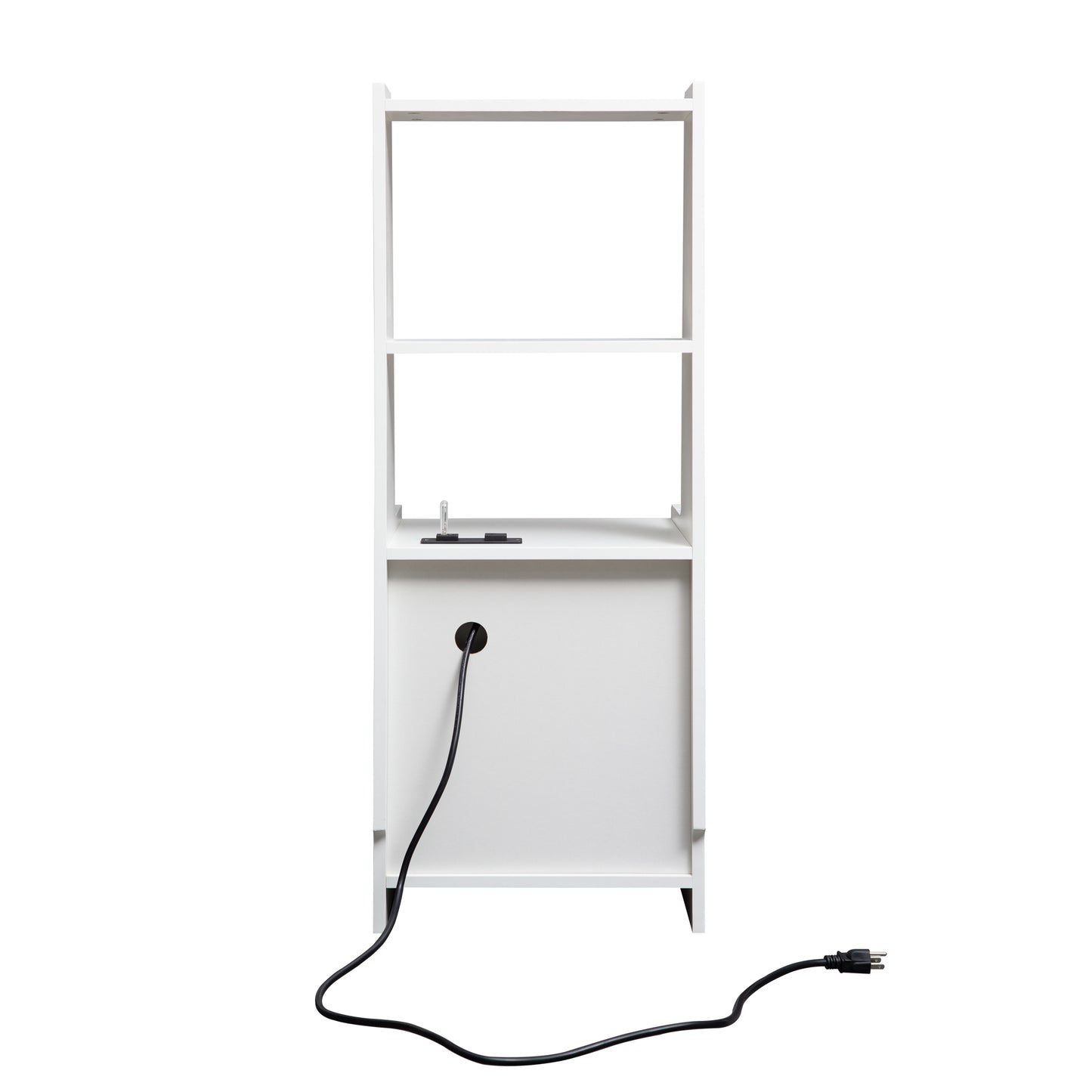 White ladder shelf with integrated power outlet and cord