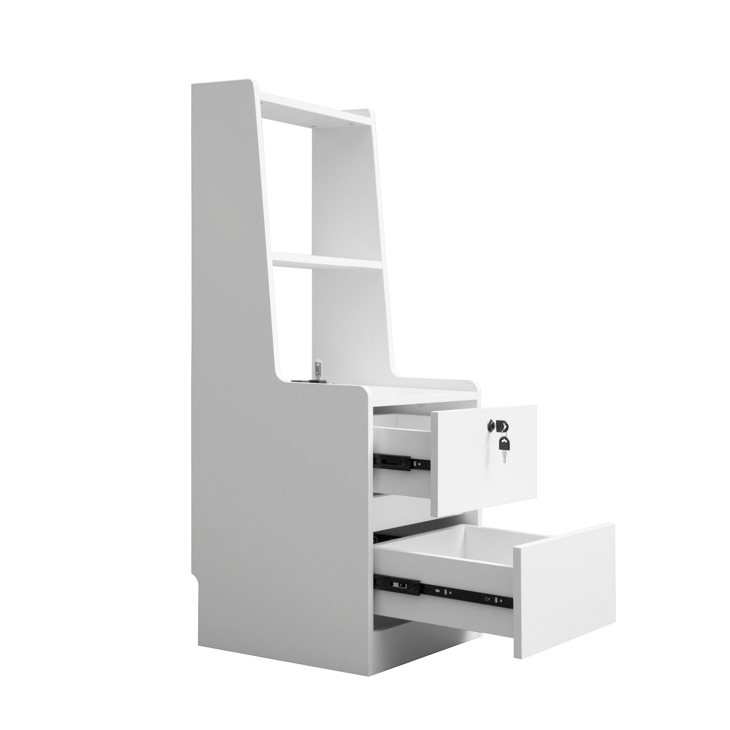 White minimalist desk with open drawers and shelves