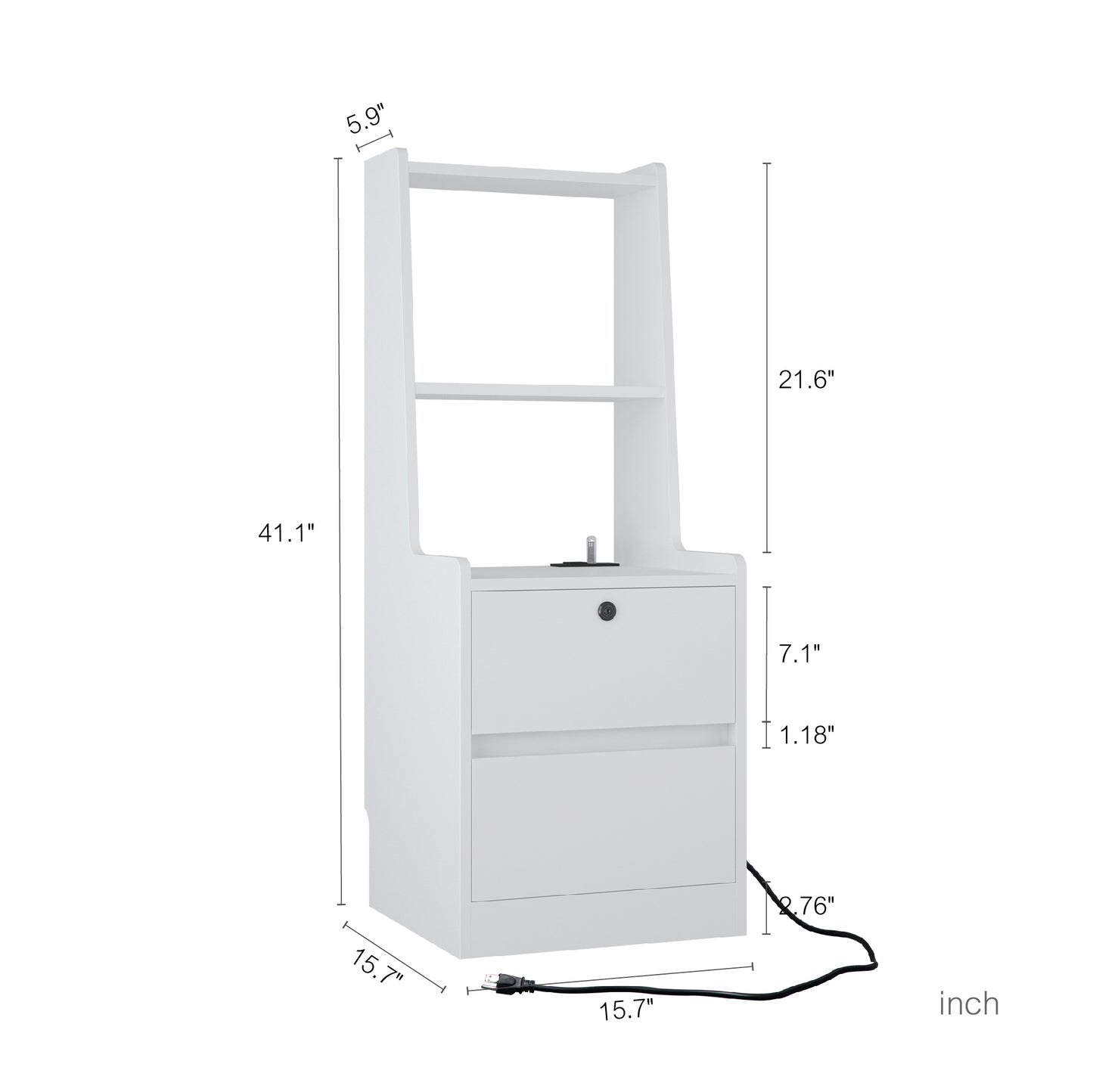 White reception desk with lockable drawer and two shelves