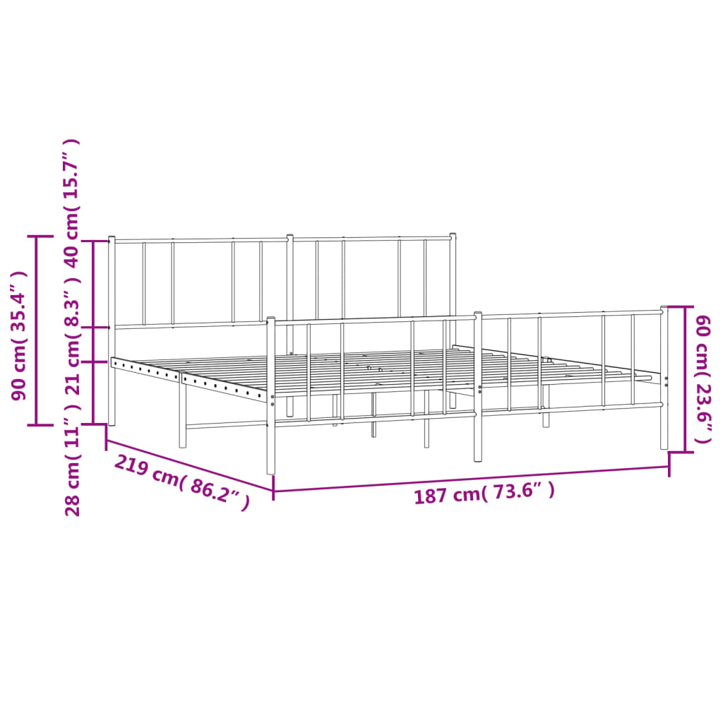 Closeup of a white metal bed frame with vertical slats