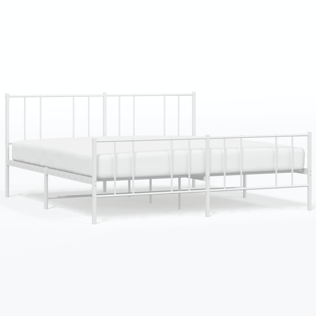Metal bed frame in white featuring a slatted base and rectangular headboard