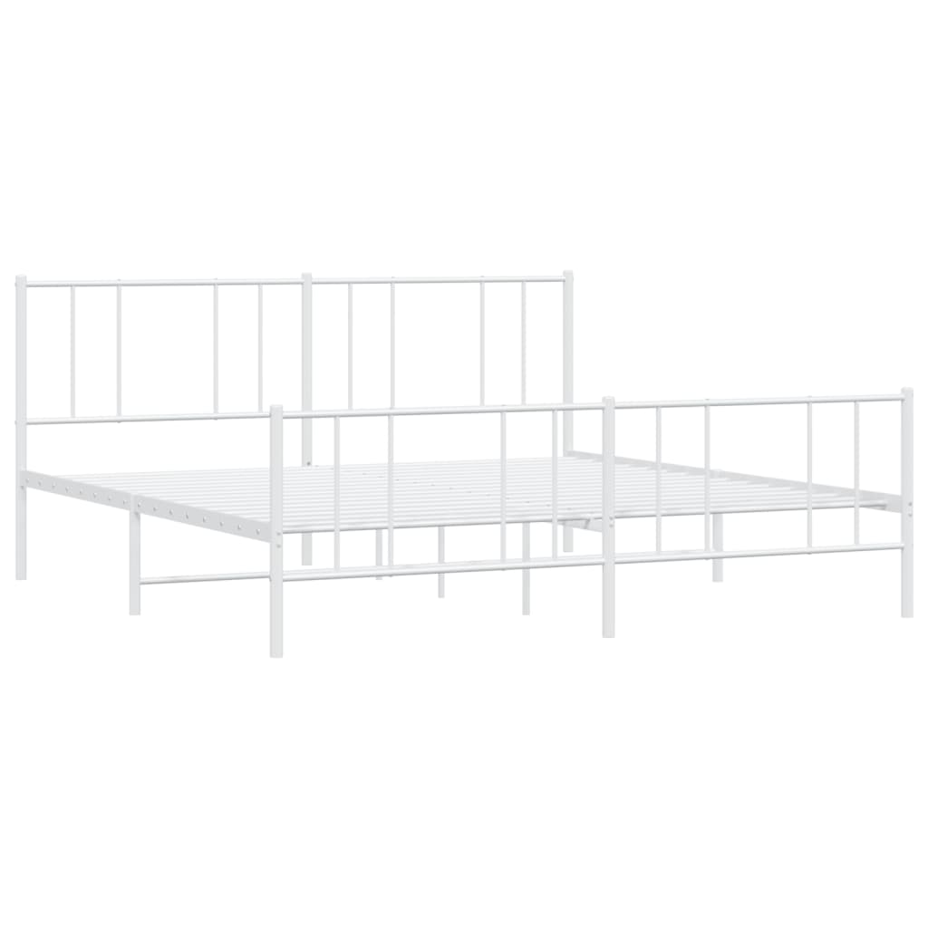 White metal bed frame with a modern slatted headboard and footboard