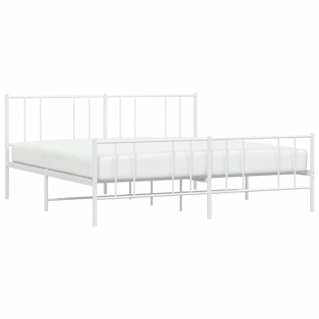 Minimalist white metal bed frame with slatted base