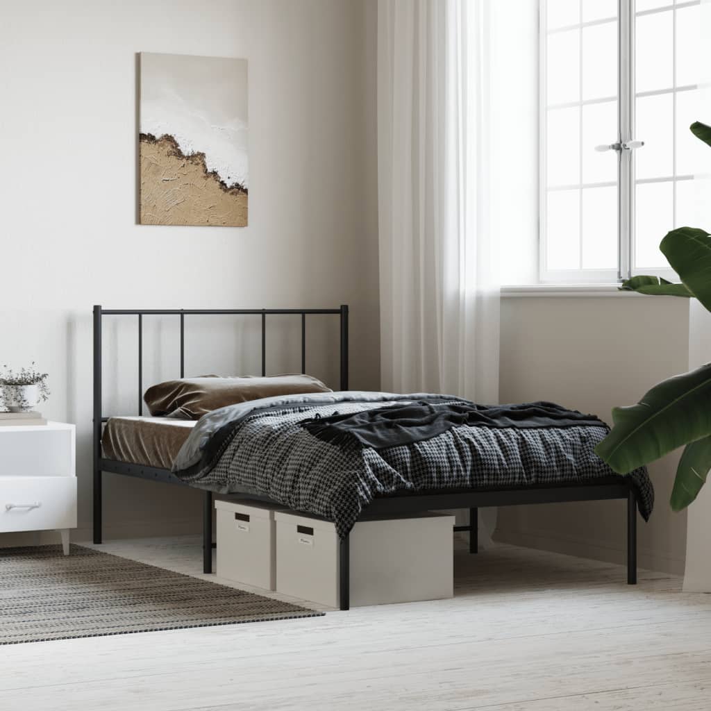 Black metal twin bed frame with modern headboard and footboard